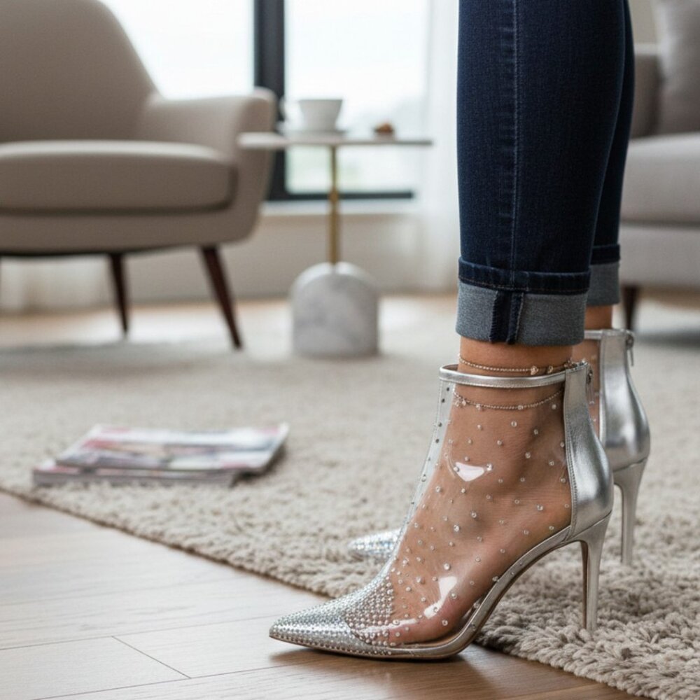 DESIGNER THALIA SODI'S RUBII RHINESTONES TRANSLUCENT POINTED TOE BOOTIES 8.5 M